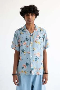 Graphia New YorkDesi Short Sleeve Camp Collar Shirt - Blue Ukiyoe Hibiscus Print