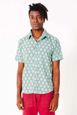 DUSHYANT.Hand Block Printed The Prat Short Sleeve Shirt - Sage/White Leaf Motif