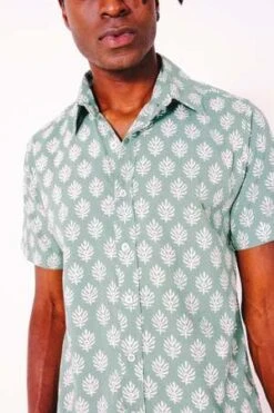 DUSHYANT.Hand Block Printed The Prat Short Sleeve Shirt - Sage/White Leaf Motif -Patagonia Clothing Shop Hand Block Printed The Prat Short Sleeve Shirt in Sage and White Leaf Motif 20230903212606 1