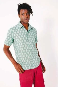 DUSHYANT.Hand Block Printed The Prat Short Sleeve Shirt - Sage/White Leaf Motif -Patagonia Clothing Shop Hand Block Printed The Prat Short Sleeve Shirt in Sage and White Leaf Motif 20230903212606